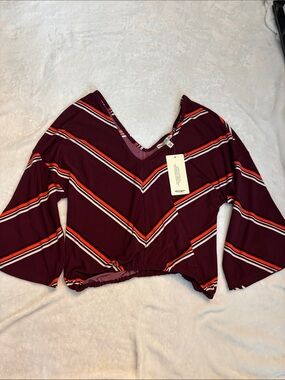 Express Burgundy V-Neck Cropped Striped Top
